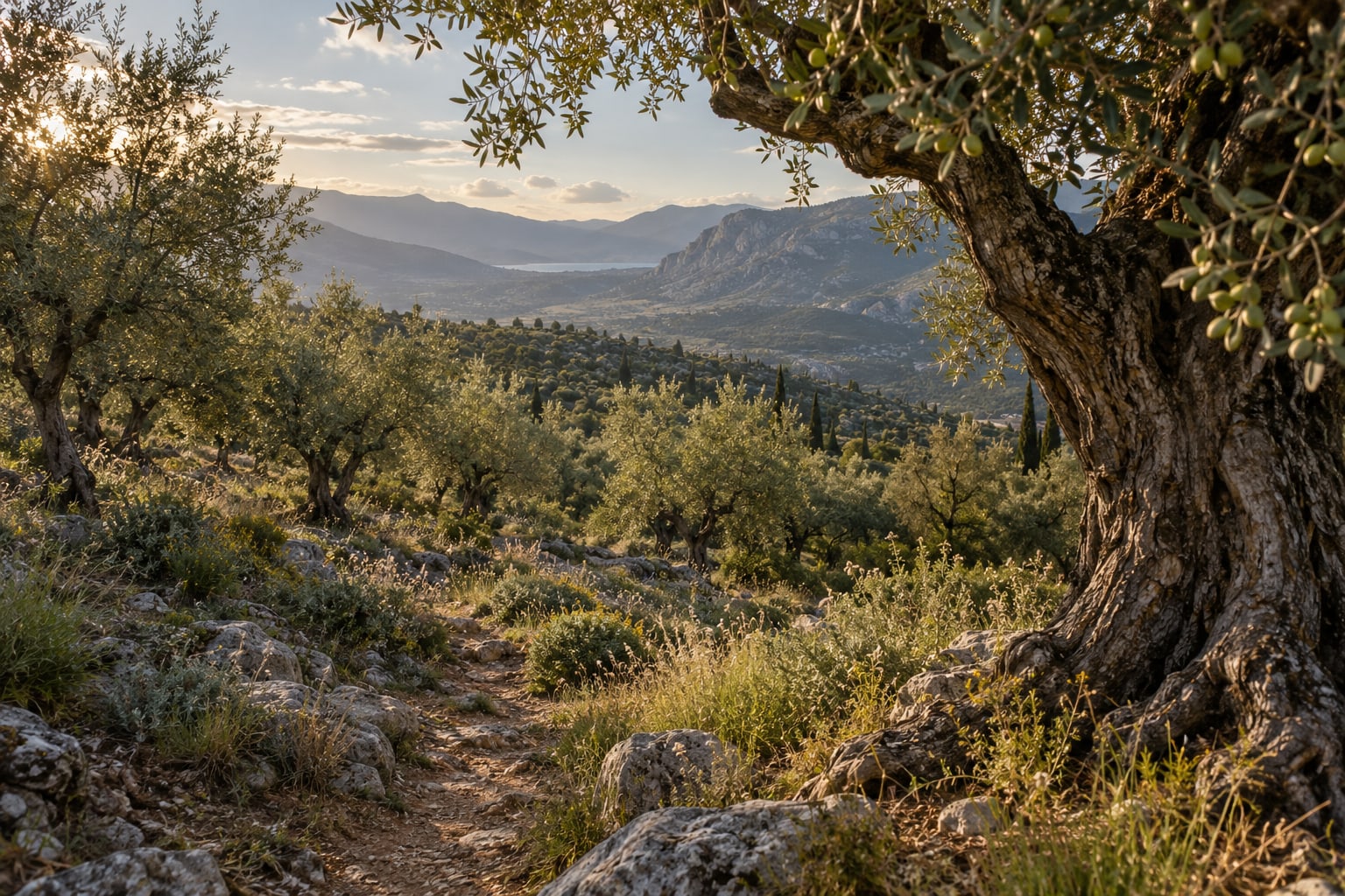 An illustration of a Greek olive grove overlooking a mountain valley
