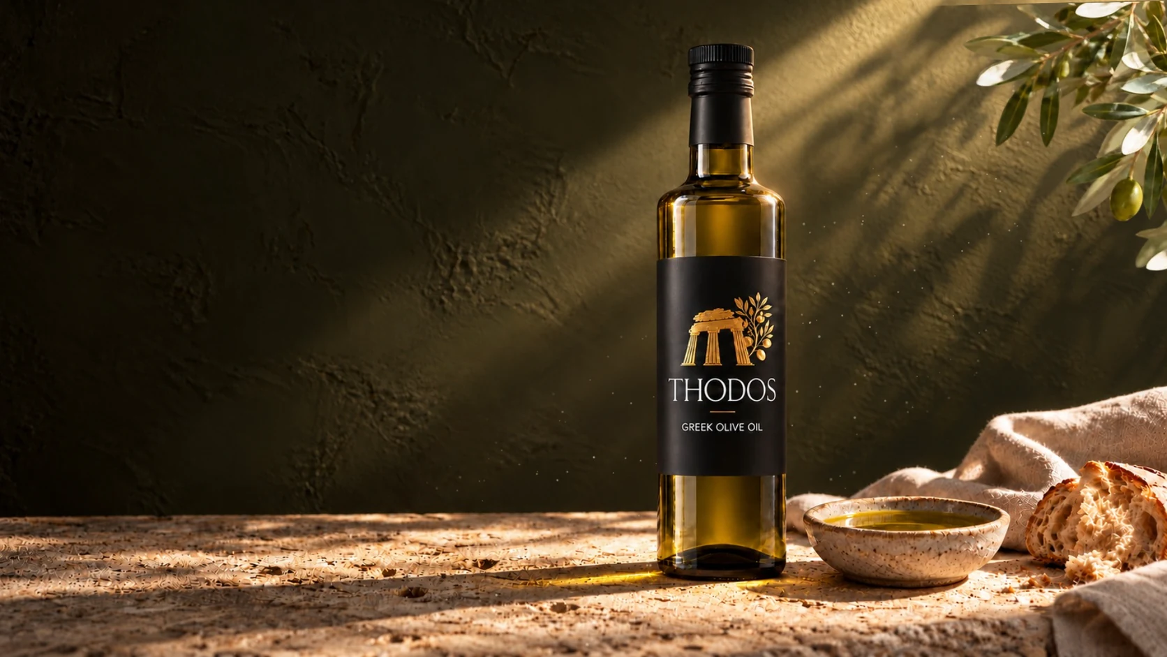 THODOS extra virgin olive oil bottle in warm sunlight on limestone, with an olive branch and leaf shadows