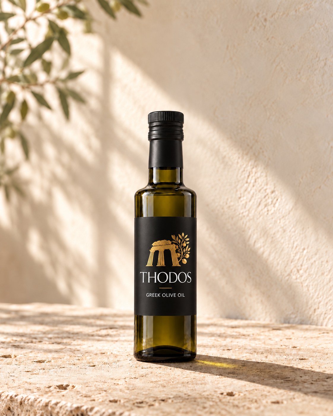 THODOS 250 ml extra virgin olive oil bottle on sunlit limestone