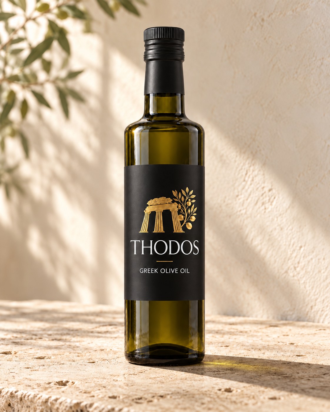 THODOS 500 ml extra virgin olive oil bottle on sunlit limestone