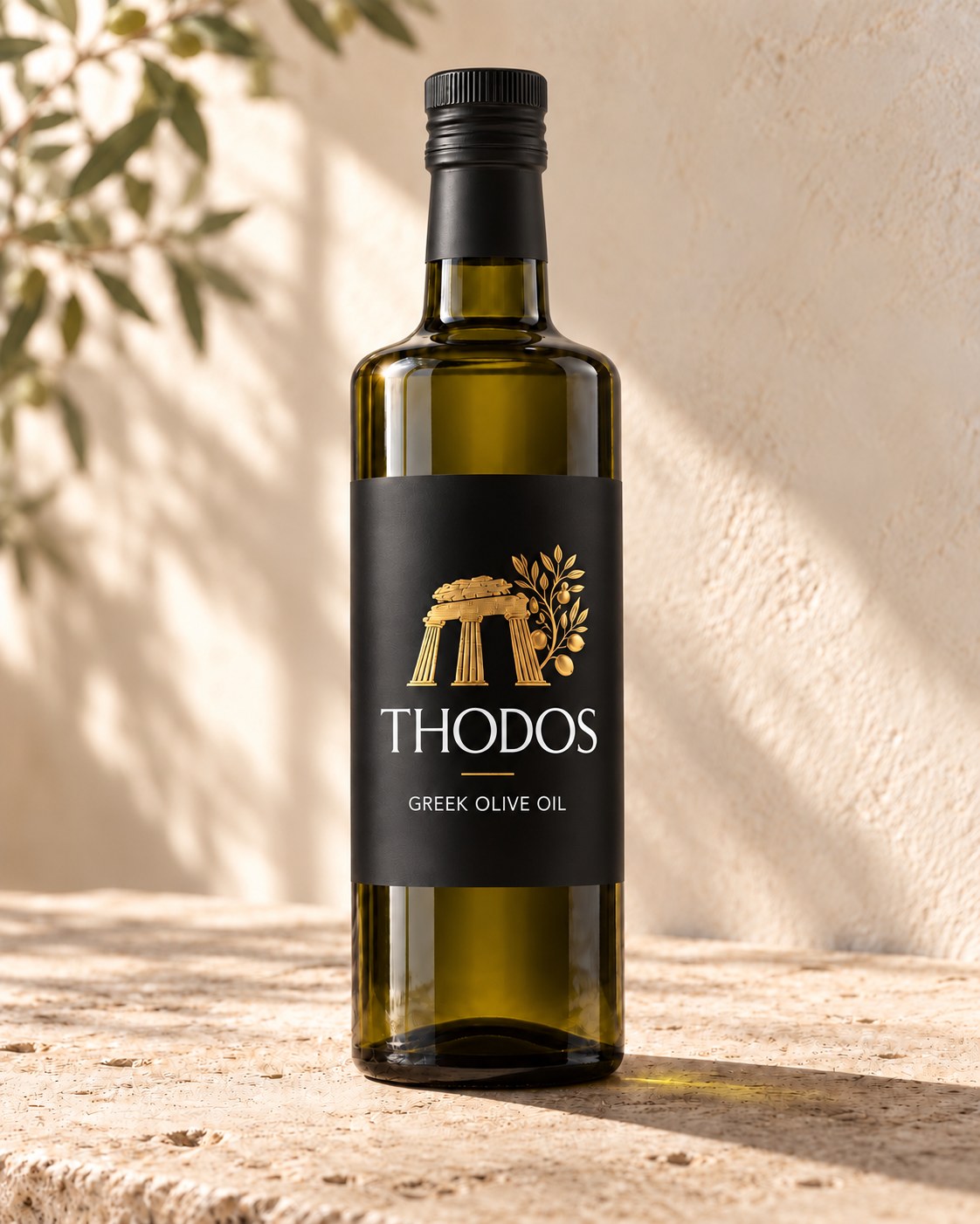 THODOS 750 ml extra virgin olive oil bottle on sunlit limestone